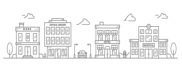 Stadssiluett i linje konst stil. Landskap med radhus av bank, kontor, hotell, sjukhus. Gatans horisontella panorama. Vektorillustration — Stock vektor