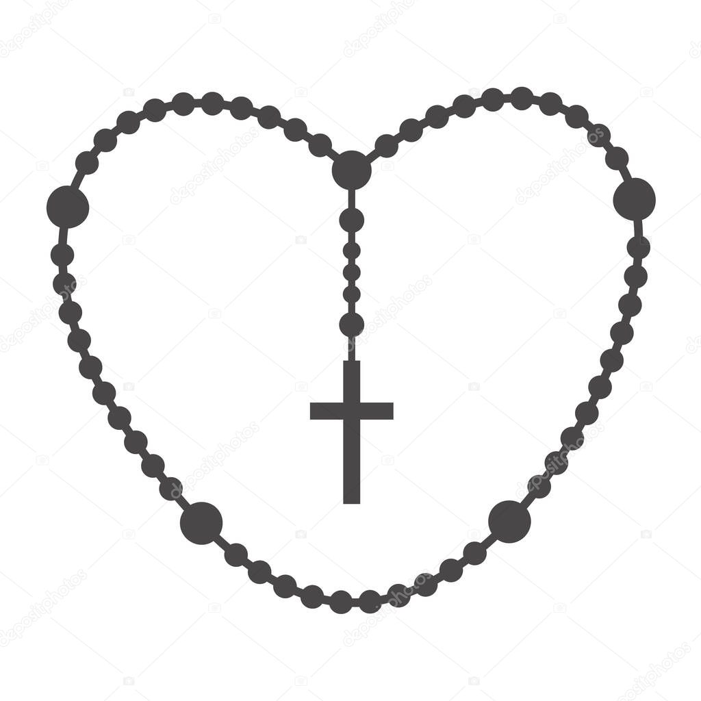 Rosary beads silhouette. Prayer jewelry for meditation. Catholic chaplet with a cross. Religion symbol. Vector isolated illustration