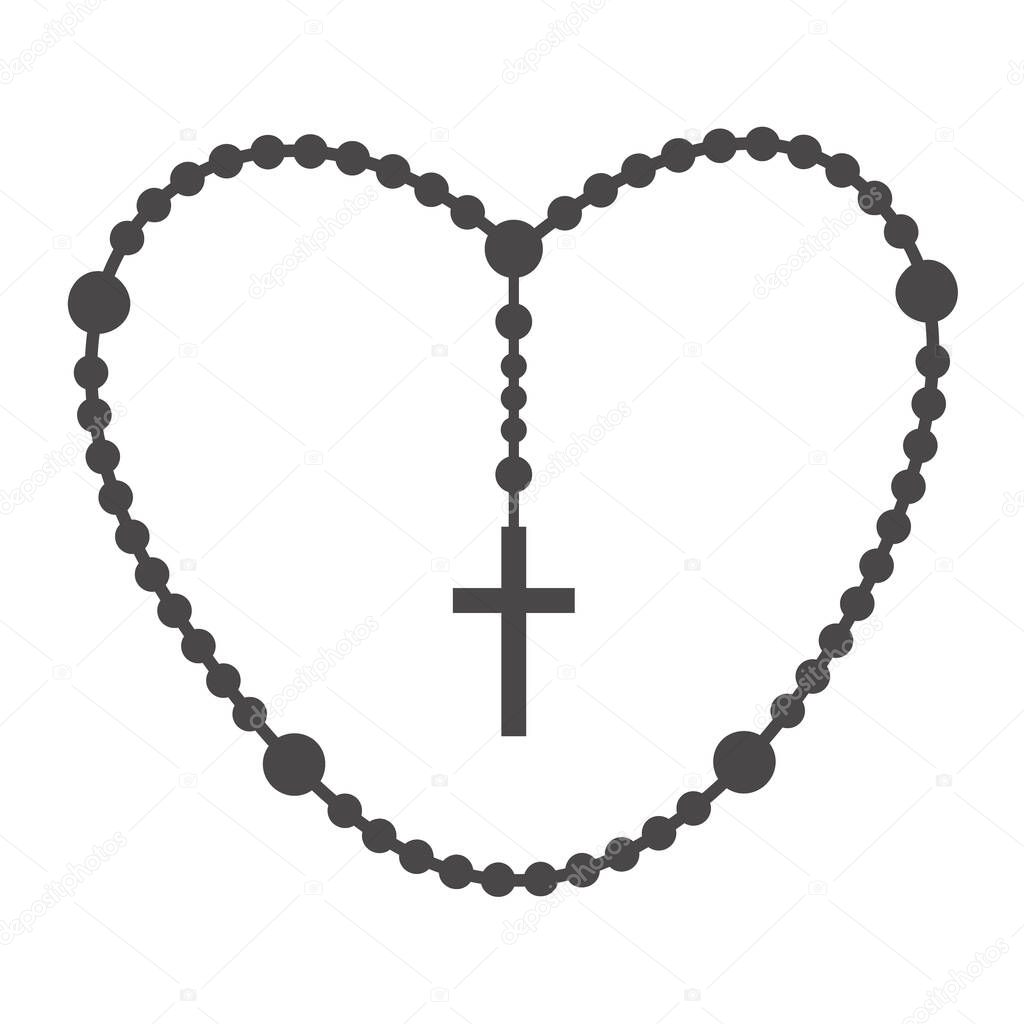 Rosary beads silhouette. Prayer jewelry for meditation. Catholic chaplet with a cross. Religion symbol. Vector illustration.