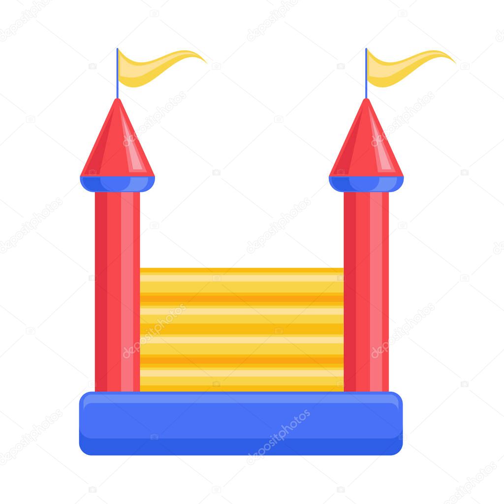 Bouncy inflatable castle. Tower and equipment for child playground. Vector line illustration isolated on white background.