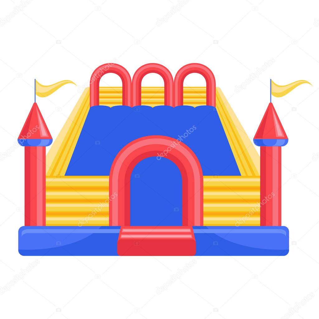 Bouncy inflatable castle. Tower and equipment for child playground. Vector line illustration isolated on white background.