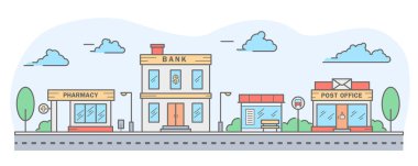 Şehir silüeti. Banka, eczane, otobüs durağı ve postaneden oluşan sıra evleri olan bir manzara. Sokak yatay manzarası. Vektör illüstrasyonu