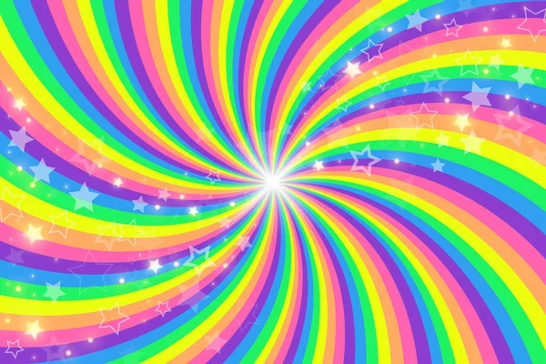 Rainbow Virvla Bakgrund Med Stjärnor Radial Lutning Regnbåge Vriden Spiral — Stock vektor