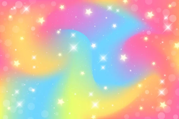 Regenboog Fantasie Achtergrond Holografische Illustratie Pastelkleuren Veelkleurige Hemel Met Sterren — Stockvector