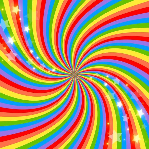 Rainbow Virvla Bakgrund Med Stjärnor Radial Lutning Regnbåge Vriden Spiral — Stock vektor