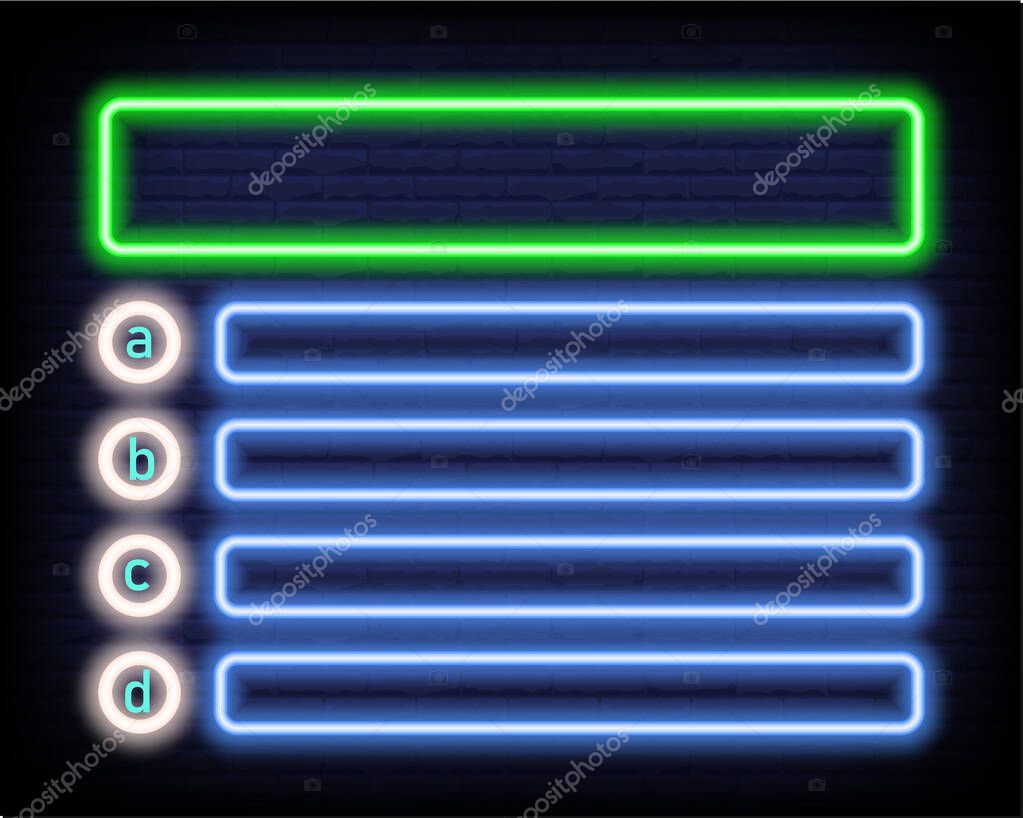 Neon quiz game template. Four options answers for knowledge exam in school, tv show. Vector Illustration 10 eps.