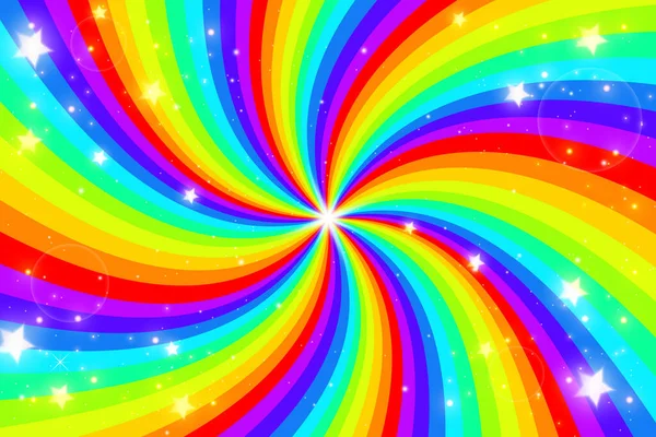 Latar Belakang Rainbow Dengan Bintang Bintang Gradien Radial Pelangi Memutar - Stok Vektor