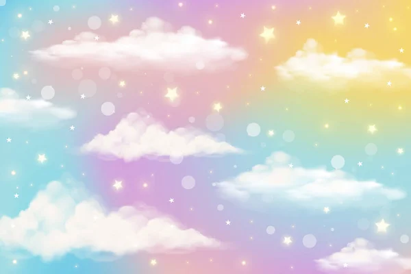 雲や星とホログラフィックファンタジーの虹ユニコーンの背景 パステルカラーの空 魔法の風景 抽象的な素晴らしいパターン 可愛いキャンディ壁紙 ベクトル — ストックベクタ