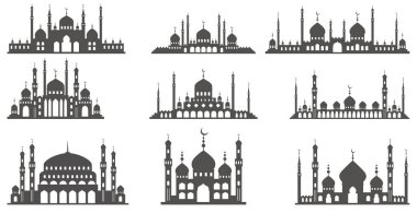 Mini minareleri olan bir cami. İslami mimari ufuk çizgisine ayarlandı. İstanbul şehir manzarası beyaz arkaplanda izole.