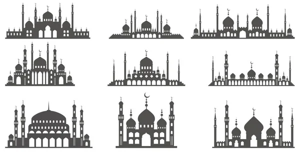 Moschea con sagome di minareti. Architettura islamica sullo skyline. Istanbul paesaggio urbano isolato su sfondo bianco. — Vettoriale Stock