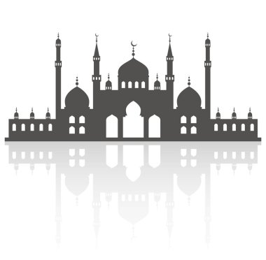 Gökyüzünde minareler olan bir cami. İslami mimari silueti. Beyaz arkaplanda yansıması olan İstanbul şehir manzarası.