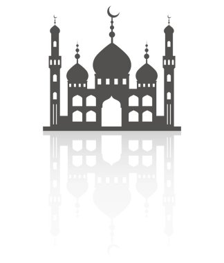 Gökyüzünde minareler olan bir cami. İslami mimari silueti. Beyaz arkaplanda yansıması olan İstanbul şehir manzarası.