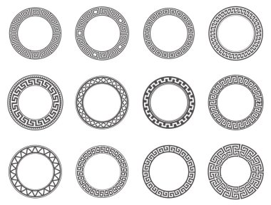 Yunan çerçevelerini çember yapın. Daha yuvarlak köşeli sınırlar. Dekorasyon elementleri kalıpları. Vektör illüstrasyonu beyaz arkaplanda izole edildi.
