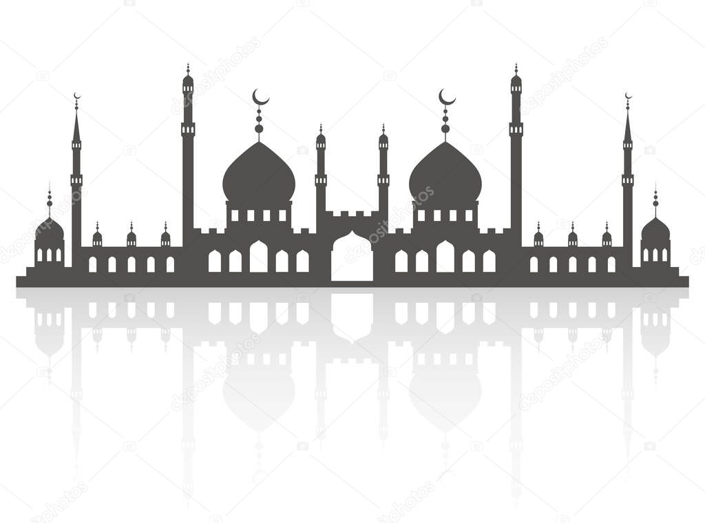 Mosque with minarets silhouette. Islamic architecture on skyline. Istanbul cityscape with reflection isolated on white background.
