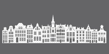 Eski bir Avrupa şehrinin kesik silueti ile çerçevelenmiş. Amsterdam 'ın Hollanda evleri. Vektör şablonu illüstrasyonu.