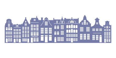 Amsterdam 'daki evlerin silueti. Avrupa 'daki eski binaların cepheleri. Hollanda evleri. Vektör