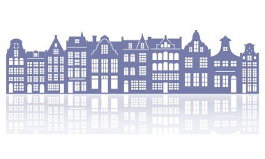 Amsterdam 'daki evlerin silueti. Avrupa 'daki eski binaların cepheleri. Yansımalı Hollanda evleri. Vektör