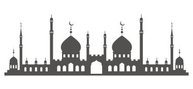Gökyüzünde minareler olan bir cami. İslami mimari silueti. İstanbul şehir manzarası beyaz arkaplanda izole.