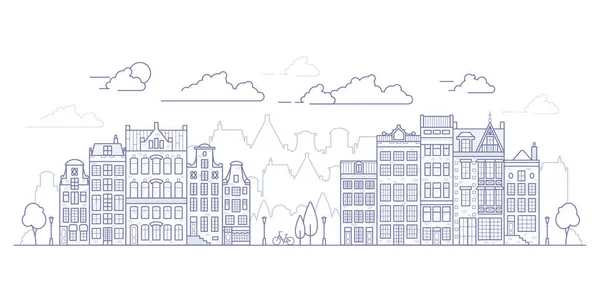 Amsterdam old style houses. Dutch canal houses lined up near a canal in the Netherlands. Building and facades for Banner or poster. Vector outline illustration. — 图库矢量图片