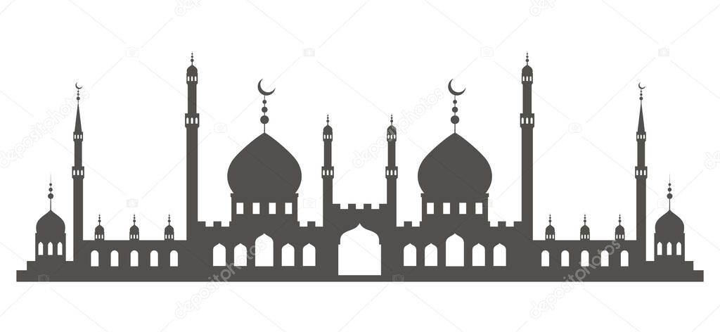 Mosque with minarets on skyline. Islamic architecture silhouette. Istanbul cityscape isolated on white background.