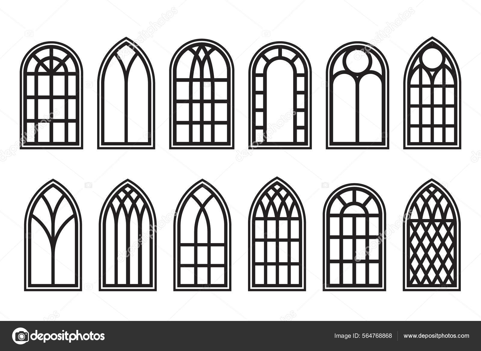 Gothic windows outline set. Silhouette of vintage stained glass church ...