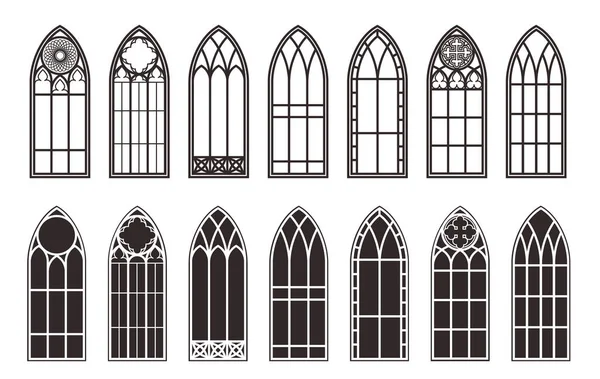 Conjunto de ventanas góticas. Silueta de marcos de iglesia de vidrieras vintage. Elemento de la arquitectura europea tradicional. Vector — Vector de stock