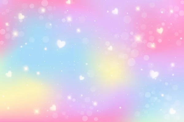 Regenboog eenhoorn achtergrond. Holografische illustratie in pastelkleuren. Leuke cartoon girly achtergrond. Heldere veelkleurige hemel met sterren en harten. Vector. — Stockvector