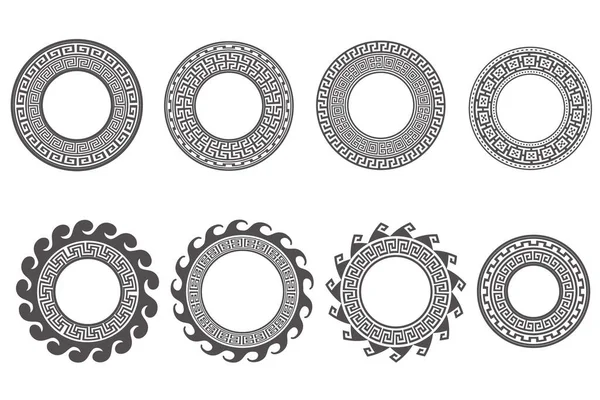 Cerchi strutture greche. Confini di meandro rotondi. Elementi decorativi modelli. Illustrazione vettoriale isolata su sfondo bianco. — Vettoriale Stock