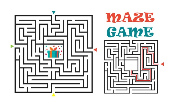Quadratische Labyrinth-Spiel für Kinder. Rätsel der Labyrinthlogik. Vier Eingänge und ein richtiger Weg. Vektorflache Illustration — Stockvektor