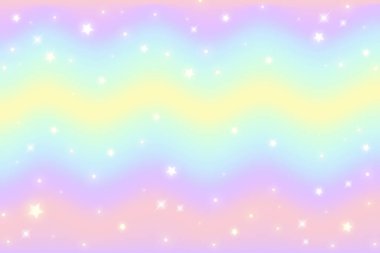 Fantezi arka planı. Pastel renkte desen. Dalgalı renkli tek boynuzlu at gökyüzü, yıldızlar ve kalplerle. Vektör