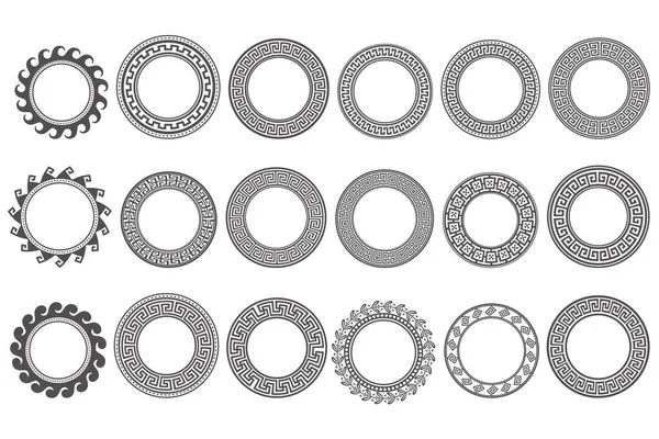 Cerchi strutture greche. Confini di meandro rotondi. Elementi decorativi modelli. Illustrazione vettoriale isolata su sfondo bianco. — Vettoriale Stock