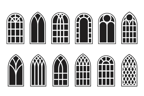 Conjunto de ventanas góticas. Silueta de marcos de iglesia de vidrieras vintage. Elemento de la arquitectura europea tradicional. Vector — Vector de stock