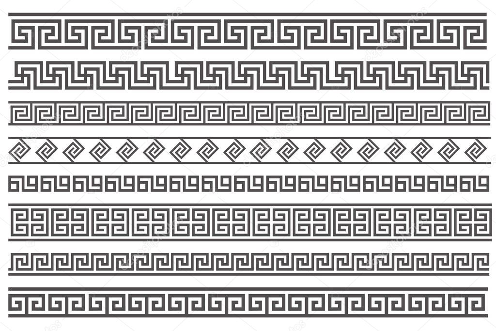 Greek style seamless frames. Geometric border set. Vector ornament pattern. Mediterranean decor elements.