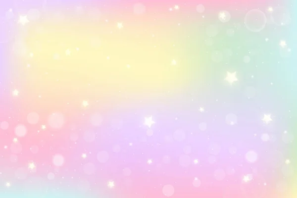 Rainbow fantasy background. Holographic illustration in pastel colors. Multicolored sky with stars and bokeh. — Stock Vector