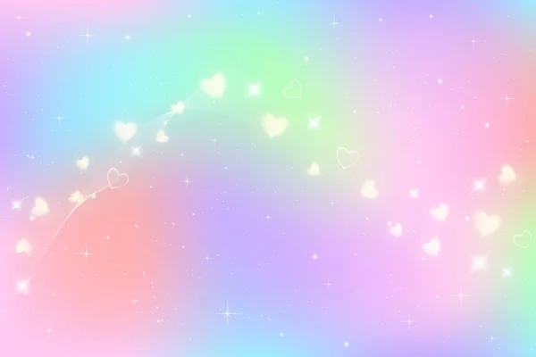 Regenboog fantasie achtergrond. Holografische illustratie in pastelkleuren. Leuke cartoon girly achtergrond. Heldere veelkleurige hemel met sterren en harten. Vector. — Stockvector