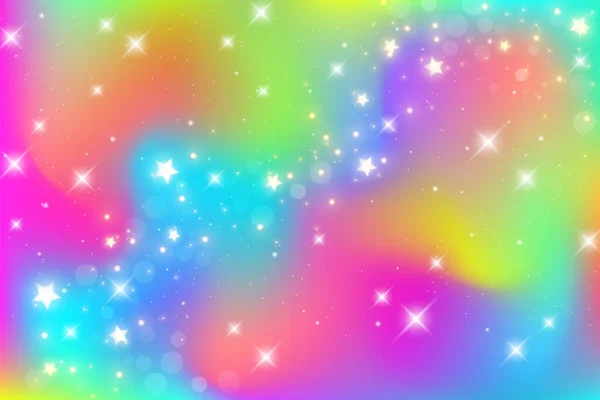 Rainbow unicorn fantasy background with bokeh and stars. Holographic bright multicolored sky. Vector. — Vetor de Stock