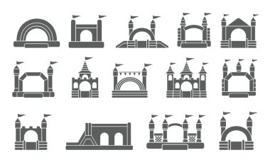 Şişme şato. Çocuk parkı için kule ve ekipman. Atlama işareti. Glyph vektör siluet simgeleri ayarlandı.