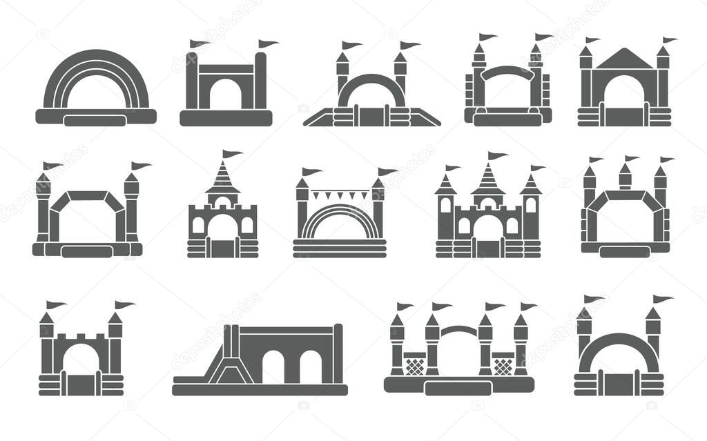 Bouncy inflatable castle. Tower and equipment for child playground. Jumping house sign. Glyph vector silhouette icons set.
