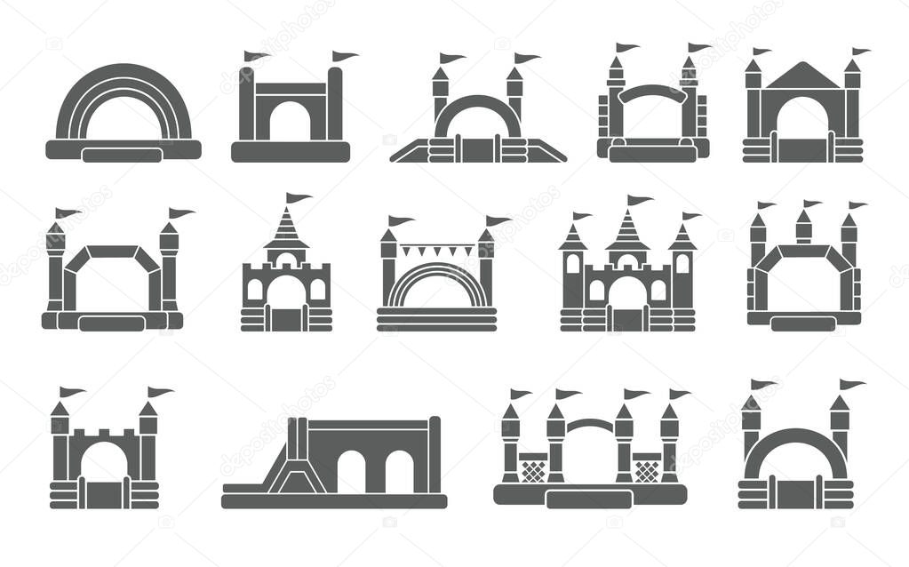 Bouncy inflatable castle. Tower and equipment for child playground. Jumping house sign.Glyph vector silhouette icons set