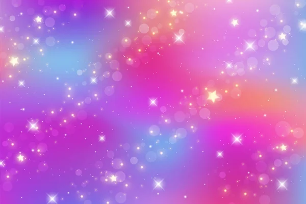 Fundo de fantasia. Céu multicolorido brilhante com estrelas e bokeh. Ilustração holográfica em cores violeta e rosa. Desenhos animados bonito papel de parede feminino. Vetor. — Vetor de Stock