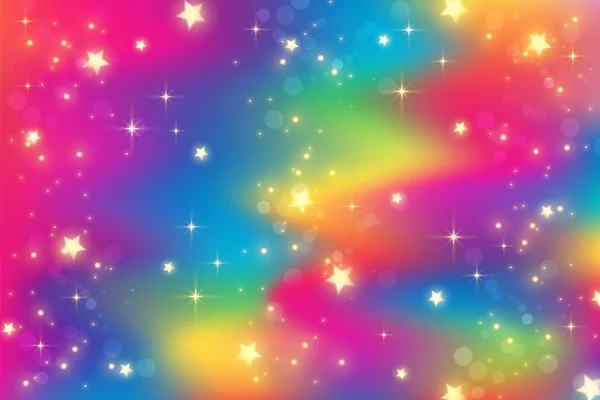 彩虹独角兽的幻想背景与bokeh和星星。全息明亮多彩的天空.B.病媒. — 图库矢量图片