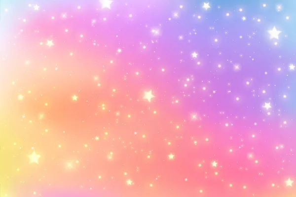 Ουράνιο τόξο μονόκερω φαντασία φόντο με αστέρια και αστράφτει. Ολογραφική απεικόνιση σε παστέλ χρώματα. Φωτεινός πολύχρωμος ουρανός. Διάνυσμα. — Διανυσματικό Αρχείο