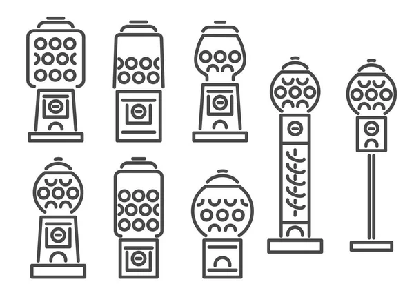 Gumball machine lijn pictogram set. Retro-automaat voor snoepjes en kauwgom. Sweets slot vector illustratie geïsoleerd op witte achtergrond — Stockvector