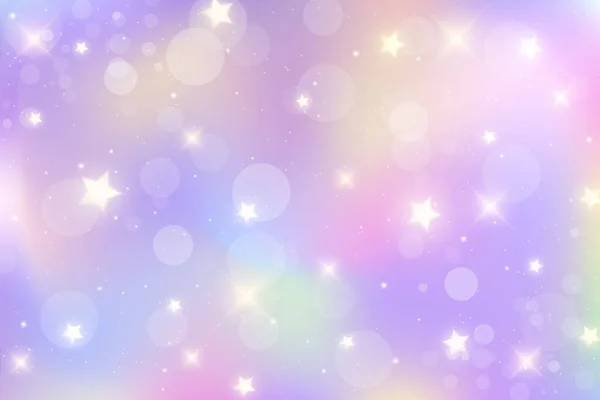 Fundo de fantasia arco-íris. Céu multicolorido brilhante com estrelas e bokeh. Ilustração holográfica em cores pastel violeta e rosa. Desenhos animados bonito papel de parede feminino. Vetor. —  Vetores de Stock