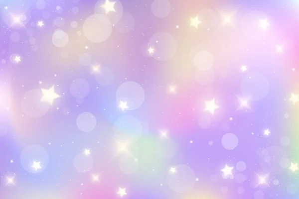 Fondo de fantasía arco iris. Cielo multicolor brillante con estrellas y bokeh. Ilustración holográfica en colores pastel violeta y rosa. Lindo fondo de pantalla femenina de dibujos animados. Vector. — Archivo Imágenes Vectoriales