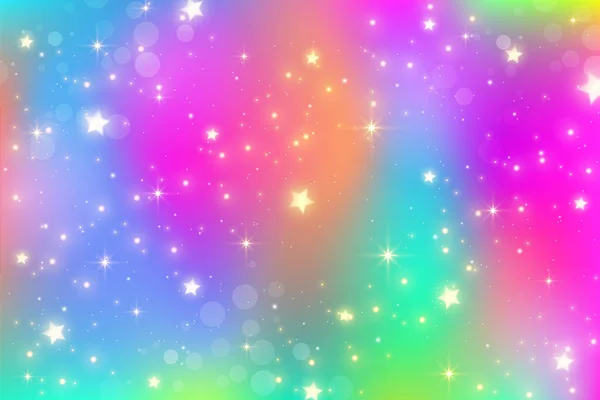 Regenbogen Einhorn Fantasie Hintergrund mit Bokeh und Sternen. Holographischer heller, vielfarbiger Himmel. Vektor. — Stockvektor