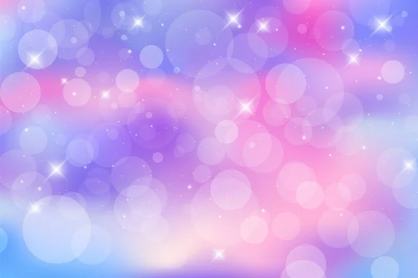 Sfondo fantasia arcobaleno. Cielo luminoso multicolore con stelle e bokeh. Illustrazione olografica in colori viola pastello e rosa. Carino cartone animato ragazza carta da parati. Vettore. — Vettoriale Stock