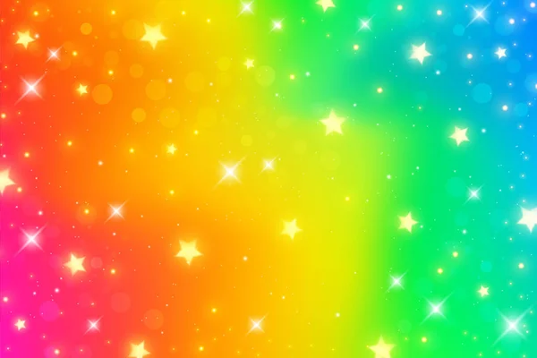 Fondo de fantasía arco iris. Holográfico ondulado Cielo multicolor brillante con estrellas y bokeh. Vector. — Archivo Imágenes Vectoriales