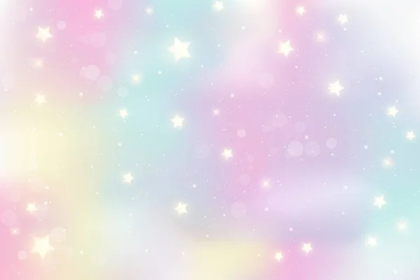 Fondo de unicornio arco iris. Ilustración holográfica en colores pastel. Lindo fondo de pantalla femenina de dibujos animados. Cielo multicolor brillante con estrellas. Vector. — Archivo Imágenes Vectoriales