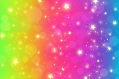 Gökkuşağı fantazisi. Parlak renkli gökyüzü yıldızlarla parıldıyor ve bokeh. Holografik dalgalı çizim. Vektör